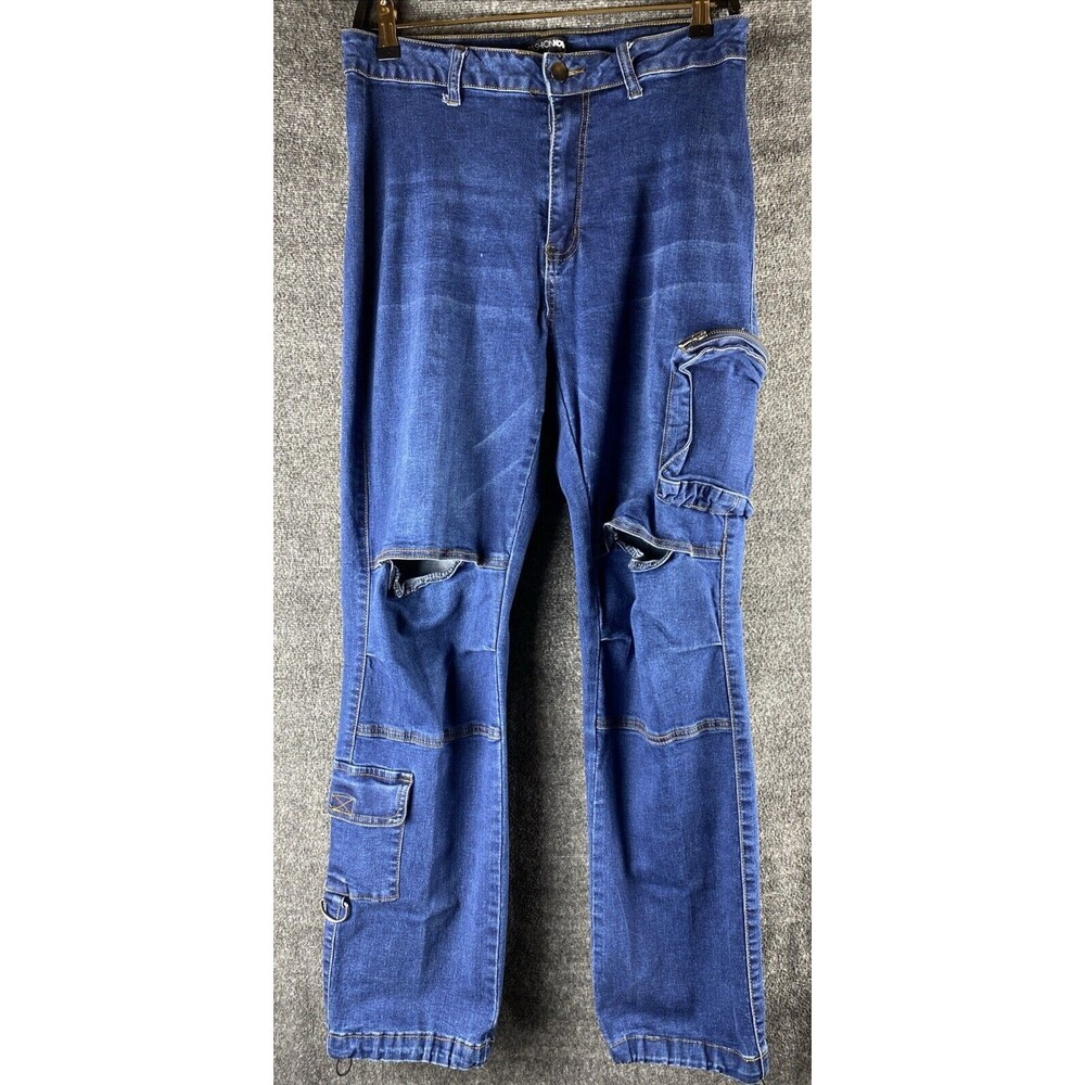 Fashion Nova Womens Sz L Open Knee Stretch Cargo Pocket High Rise Denim Jeans